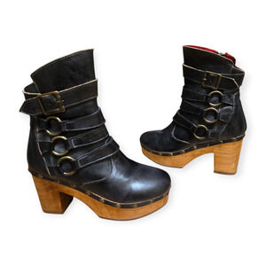 Bed Stu Moira Black Brown Leather Wooden Platform High Heel Ankle Boots Size 8